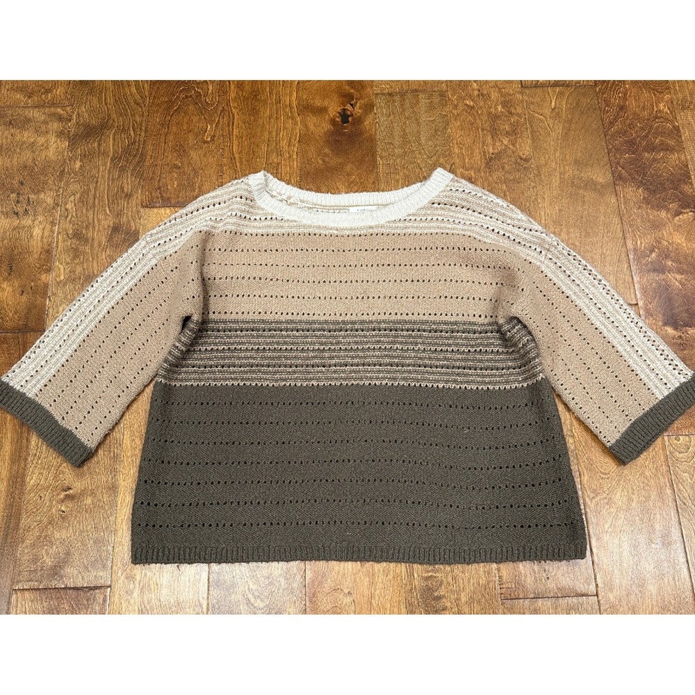 Caslon Striped Crochet Knit Sweater Top Beige Brown 3/4 Sleeve Wool Blend Medium - Picture 2 of 8